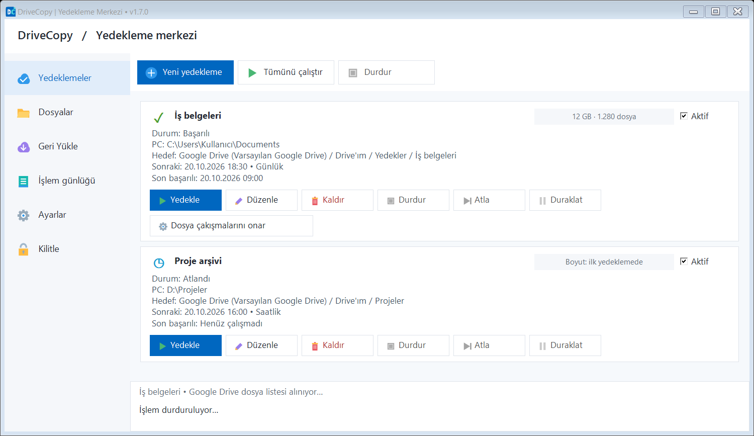 DriveCopy görev kartları ve yedekleme merkezi
